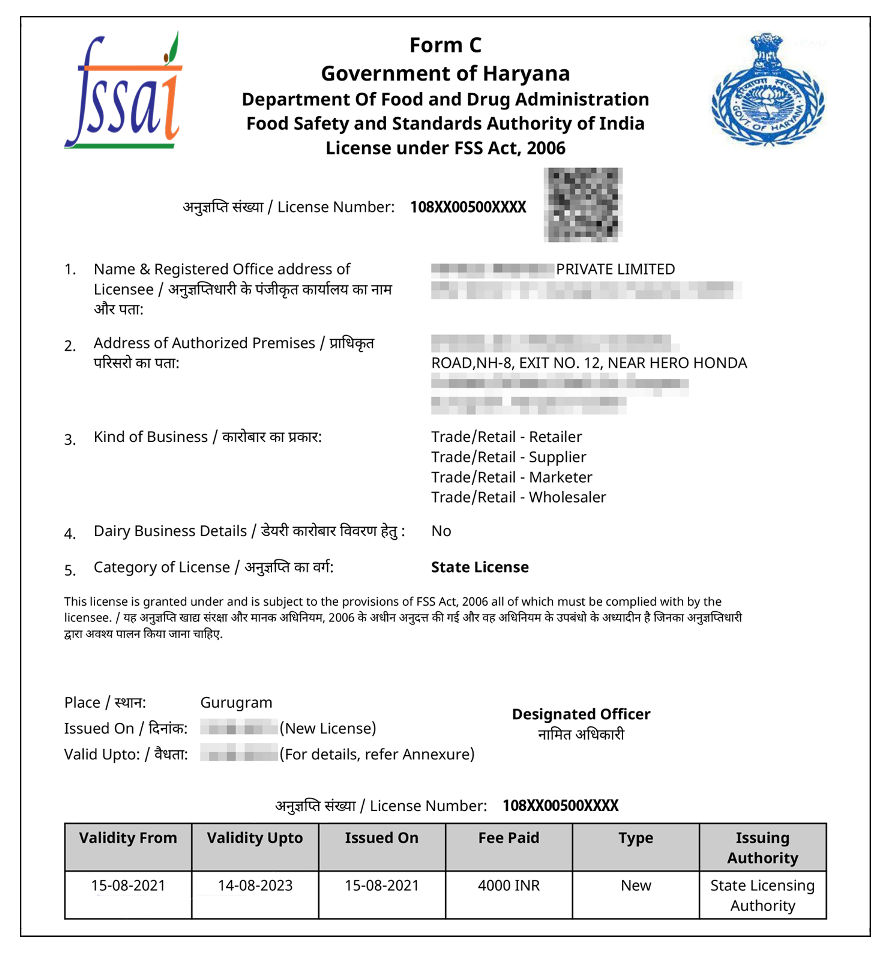 FSSAI Central License Sample ecommerce